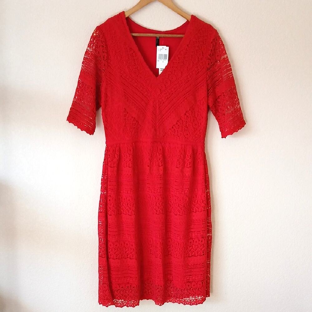 KUT From The Kloth Red Crochet Lace V-neck Midi Dress